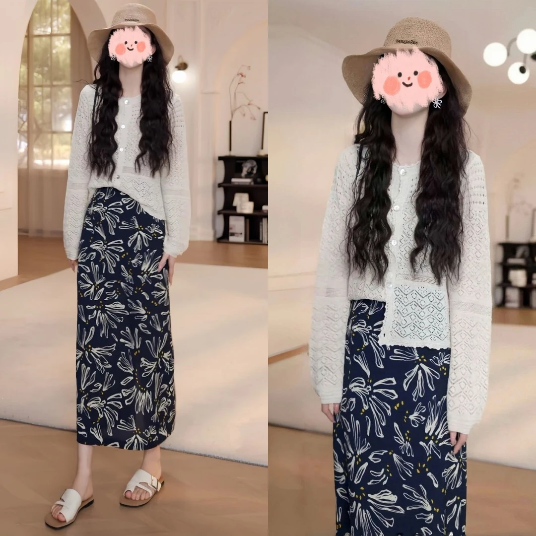 夏季薄款小众镂空防晒长袖针织开衫今年流行百搭半身裙气质两件套