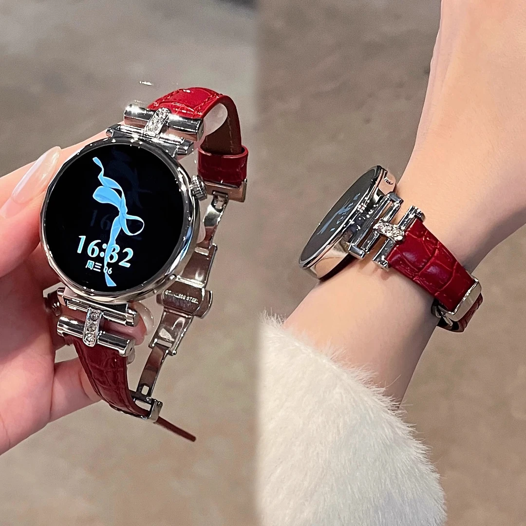 适用华为圆鳄纹皮质凯旋门镶钻手表表带watch3watch4GT3GT4GT5pro