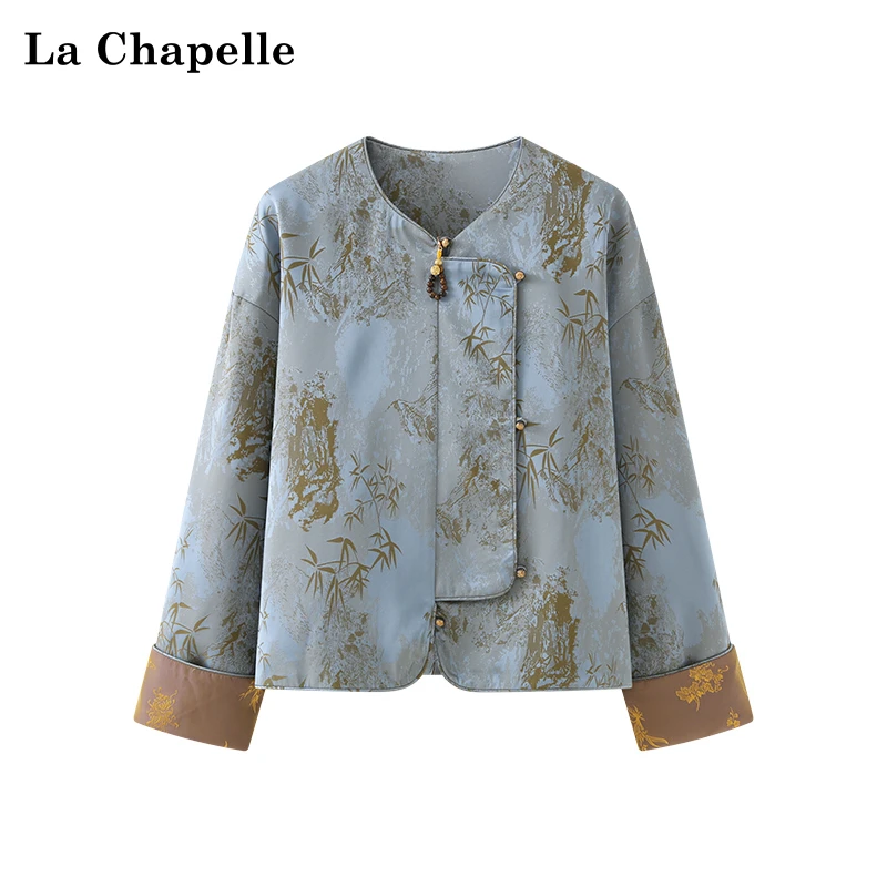 拉夏贝尔新中式竹叶提花袖口拼接外套女复古国风气质小众长袖上衣