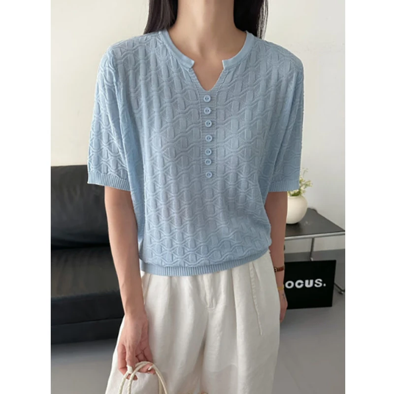 /波浪/ 洋气减龄圆领桑蚕丝T恤纯色高级感短袖针织衫上衣女