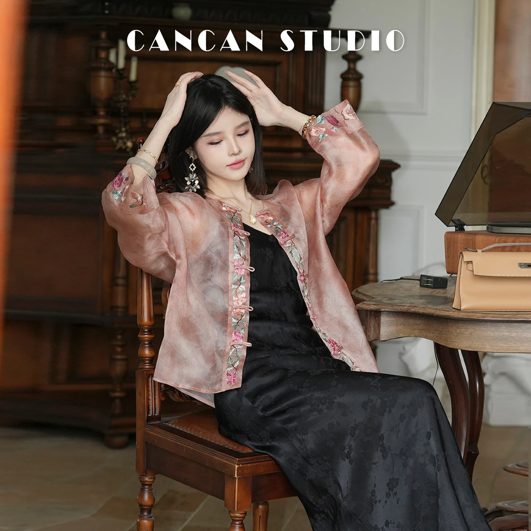 CANCAN STUDIO【花间影】新中式原创设计粉色上衣G335036