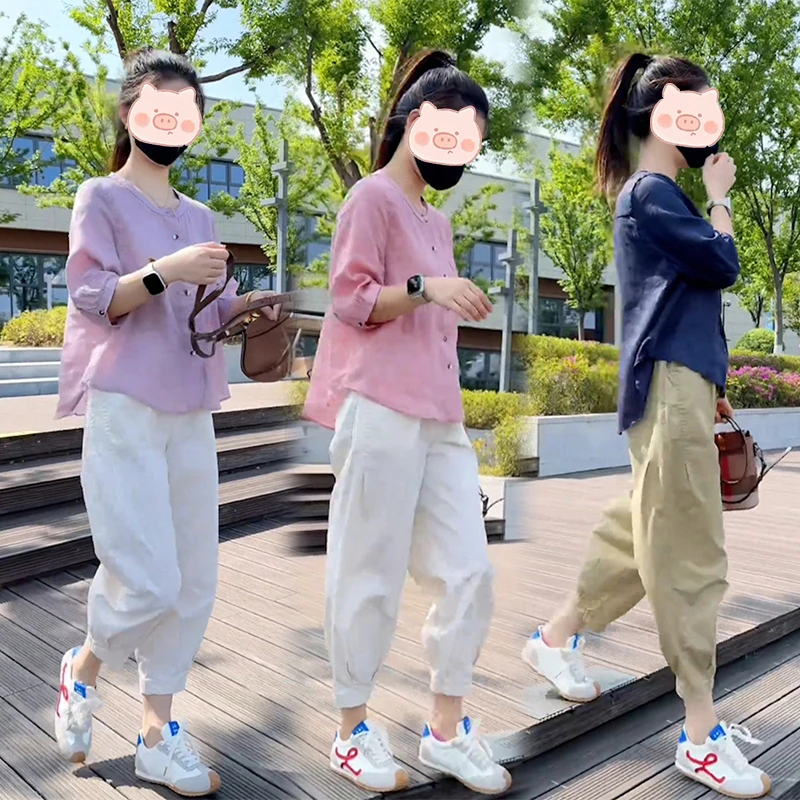 小个子穿搭一整套女夏季爆款韩版通勤百搭七分袖衬衫休闲裤两件套