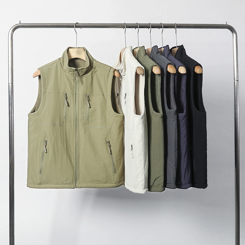防风【两面穿】冬季加绒加厚保暖休闲马甲背心立领多口袋锦纶面料
