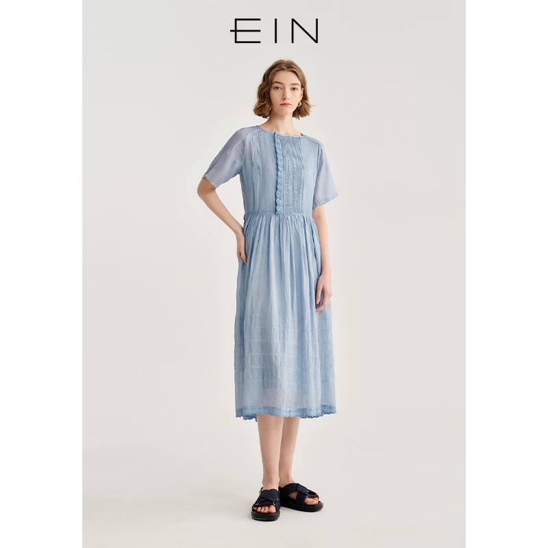 EIN/言轻法式斑驳炒色丝棉风琴褶花边拼接连肩袖文艺连衣裙春夏款