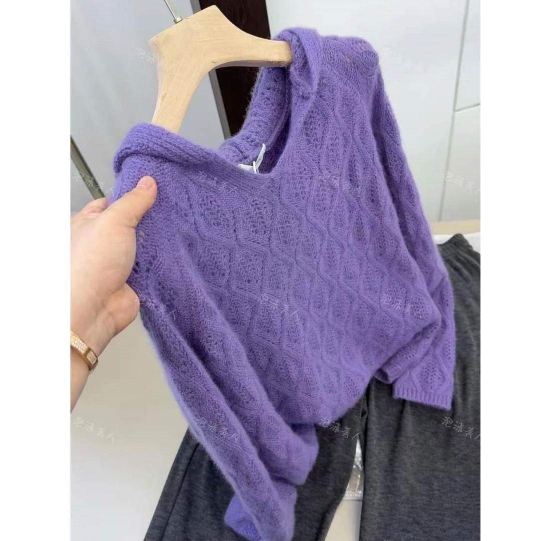 立体菱格镂空帽衫」随性单穿王！慵懒风气质宽松连帽外穿针织女上衣