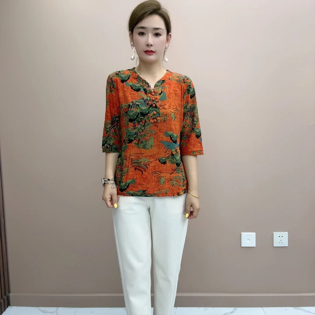 2025夏季新款妈妈装减龄宽松休闲复高贵中老年女装遮肚衬衣小衫