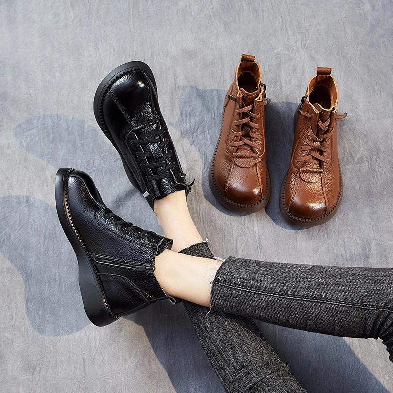 2322秋季复古英伦风马丁靴中老年平底防滑短筒靴子