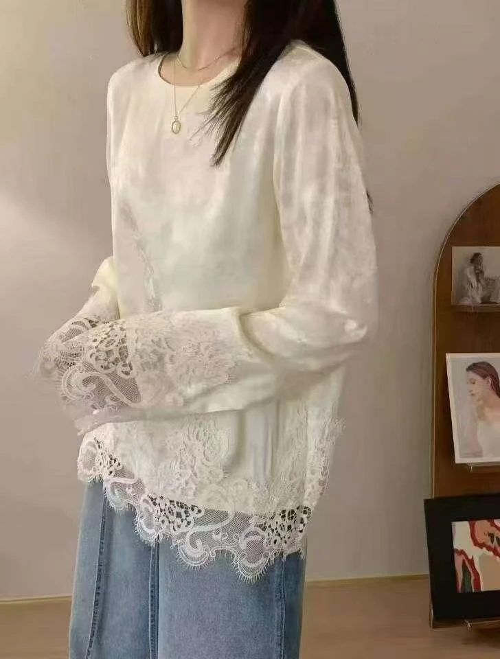 恒鑫安蕾丝拼接圆领新中式小衫
