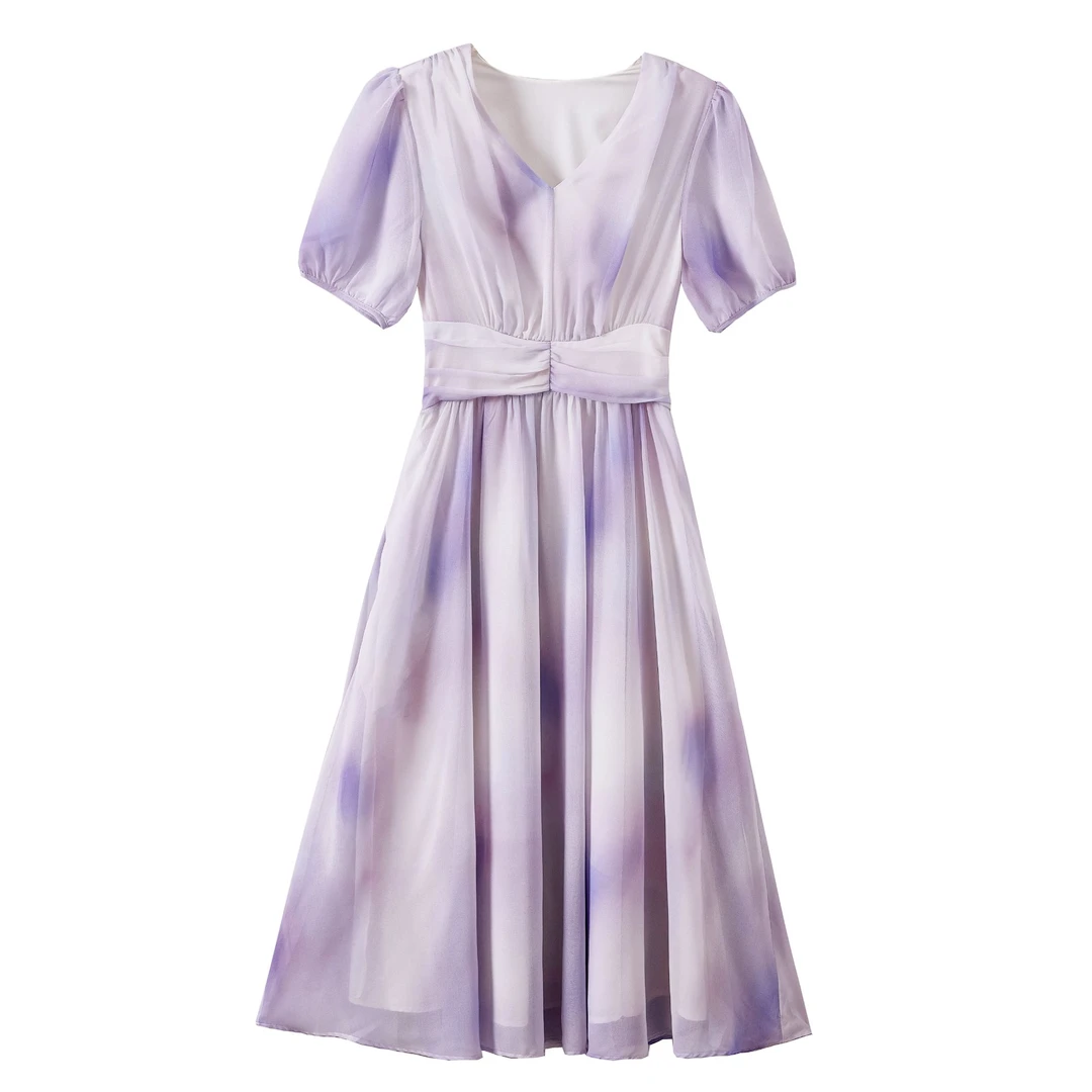 【大福专属】魅力神秘晕染紫V领梦幻系显瘦浪漫穿搭连衣裙58190-1