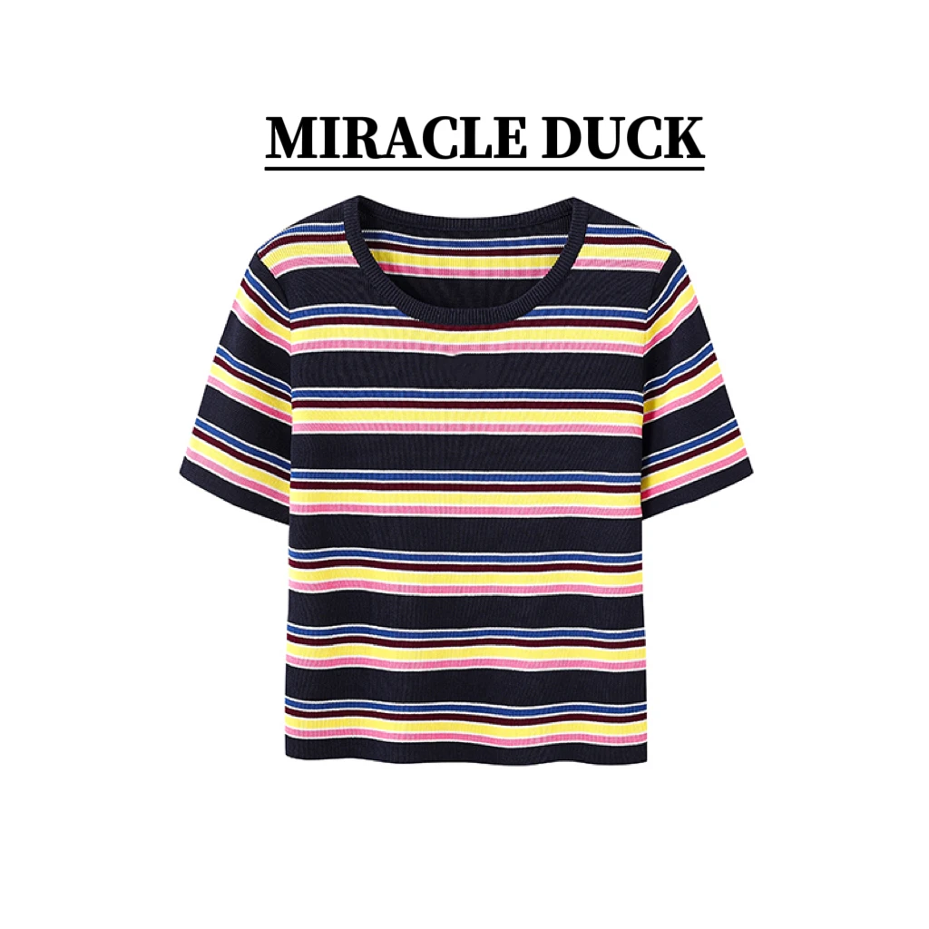 【彩虹条】夏季时尚撞色条纹冰丝针织衫圆领短袖上衣C1555