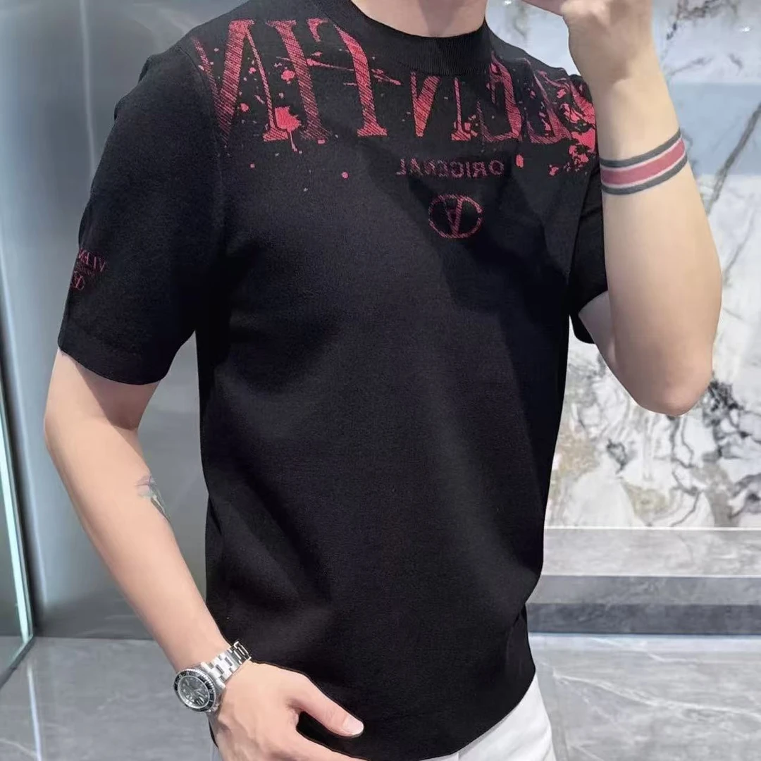 新款高端男士潮流时尚字母图案圆领短袖针织88196