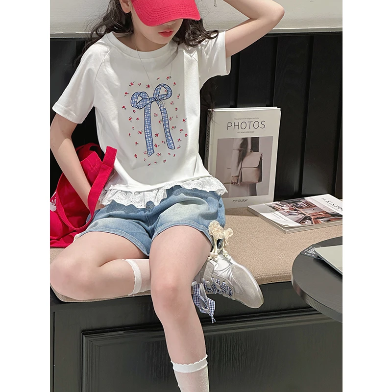 K28615格纹蕾丝边女童短袖T恤2025新款夏装儿童修身上衣休闲时髦t