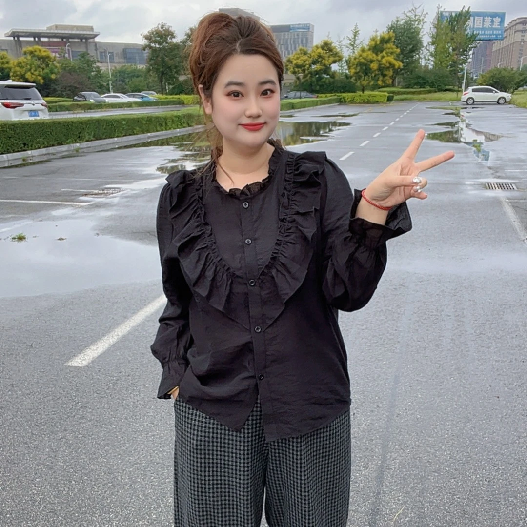 胖妹妹百搭遮肉宽松显瘦荷叶边纯色衬衫长袖上衣052