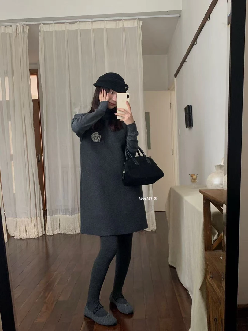 WHMT带胸花呢子无袖背心裙 Q1805