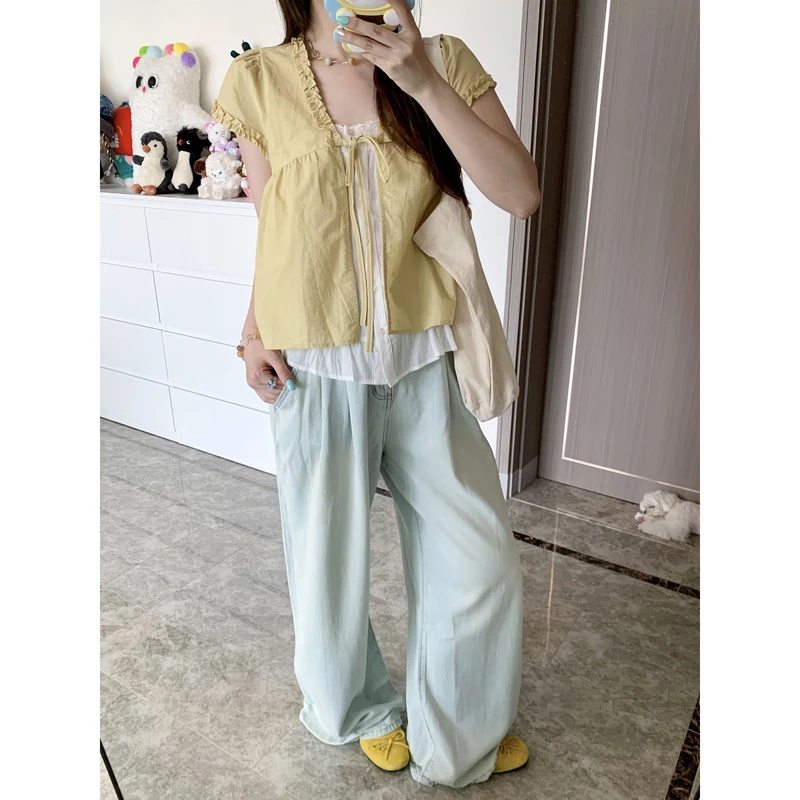 小沈美眉45%莱赛尔微胖梨形显瘦轻薄款直筒阔腿牛仔裤夏季垂感