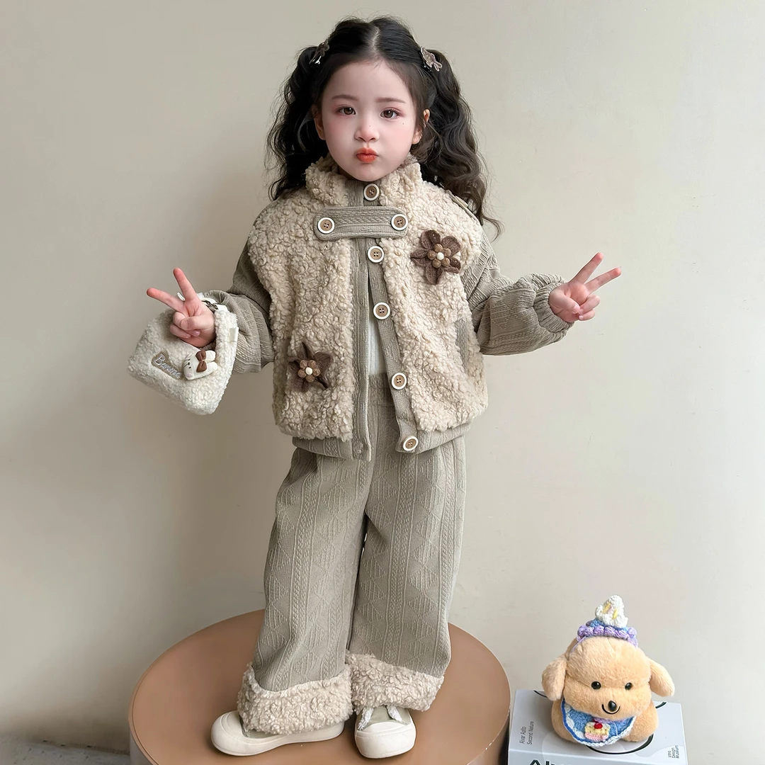 女童套装2025秋冬外套复古羊羔绒休闲裤儿童加绒加厚保暖时髦两件
