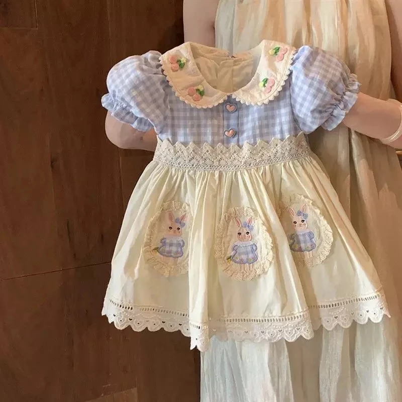 婴儿夏季洛丽塔娃娃领方格公主泡泡袖包屁裙宝宝甜美外出服哈衣
