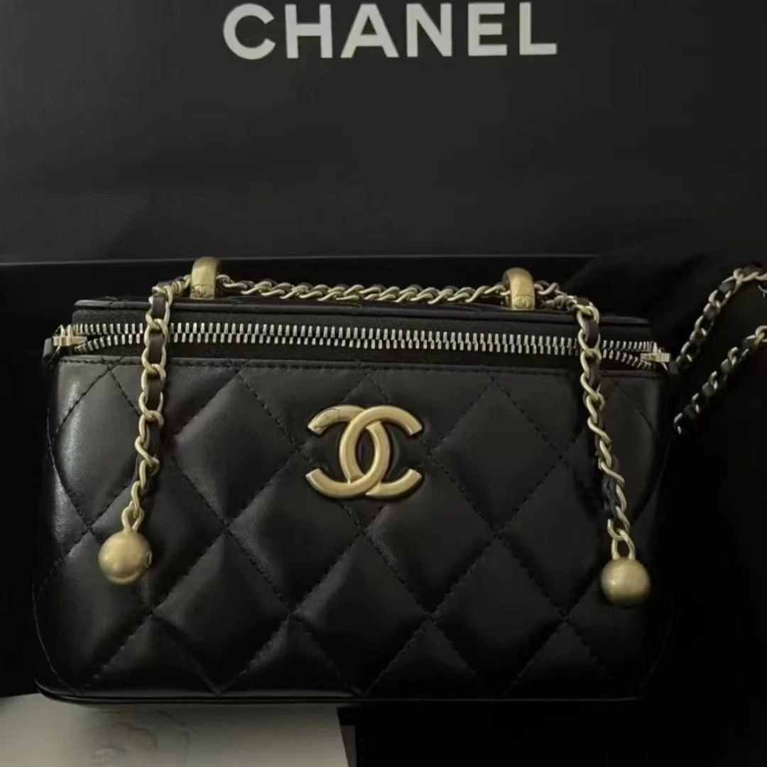 未使用 Chanel/香奈儿 24c 黑金双金珠长盒子 芯片款可调节斜挎包