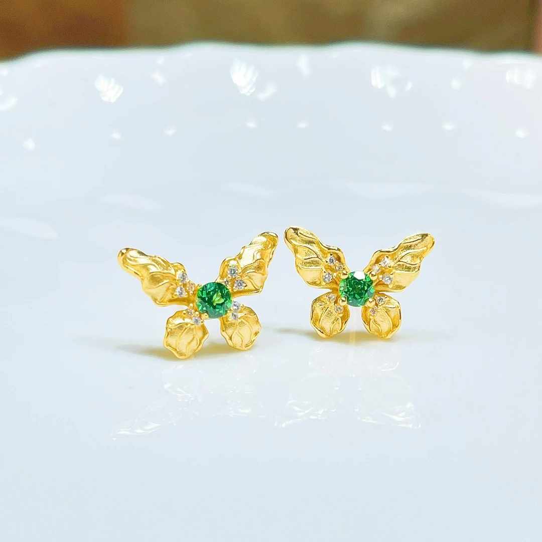 培育祖母绿【121】蝴蝶设计款祖母绿耳钉一对【质检发货】
