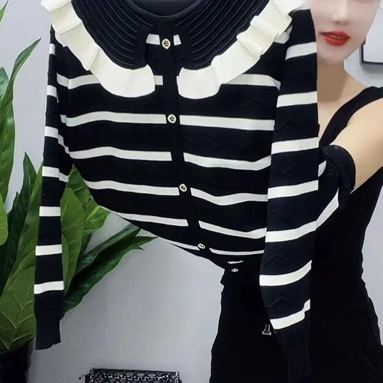 时尚减龄条纹套头针织衫女2025春季新款洋气百搭宽松显瘦长袖上衣