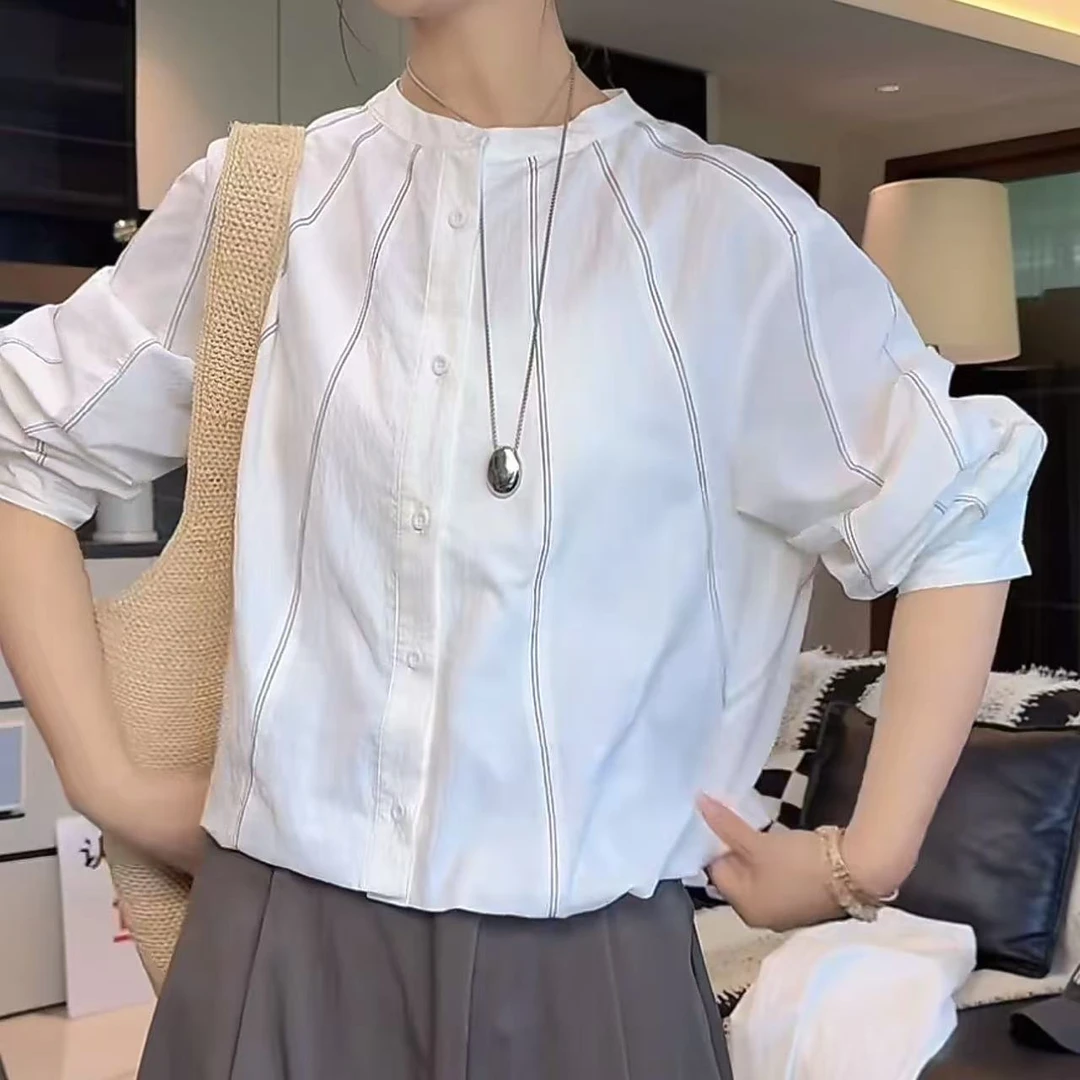 明线设计感小众白色衬衫女长袖2025新款宽松百搭圆领短款收腰上衣