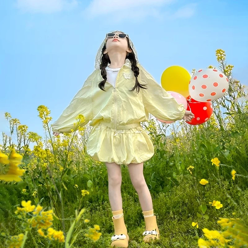 女童夏季新款短裤防晒服2025网红洋气蕾丝花边凉感透气防晒套装潮