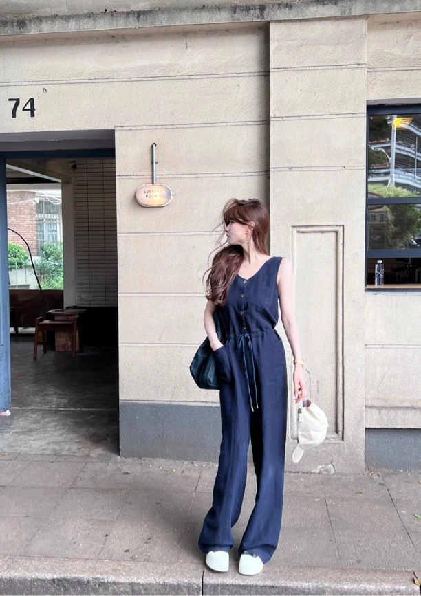 【松弛感】麻料时尚减龄休闲无袖背带连体裤女#8607