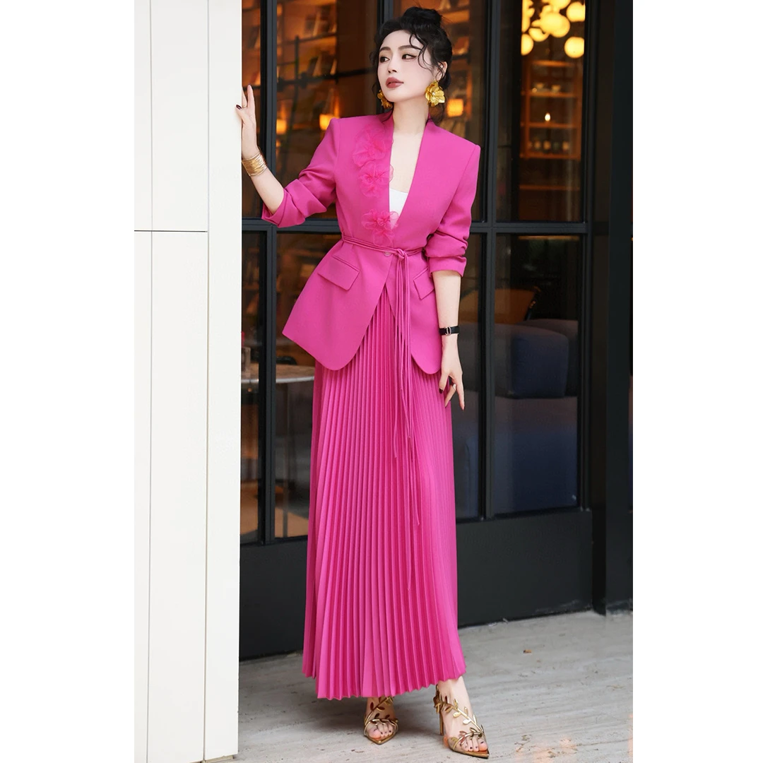 法式女装浪漫花朵V领绑带西装外套百褶长款半身裙洋气套装两件套