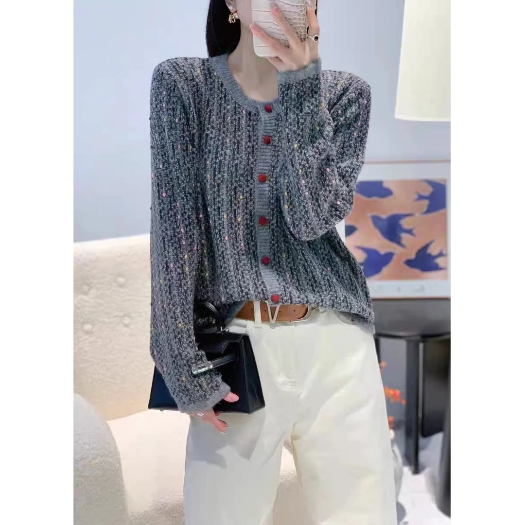 HMY5091808 2025新款时尚洋气红色纽扣带彩点圆领开衫毛衣