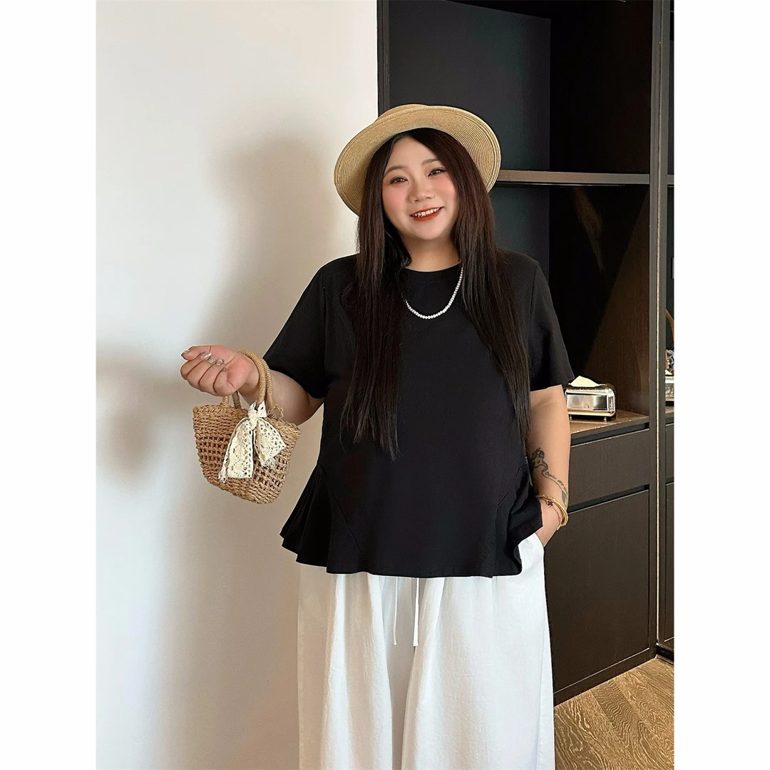 尼斯盛夏 / 别致荷叶边下摆修腰身T恤14722花契大码200斤胖mm显瘦