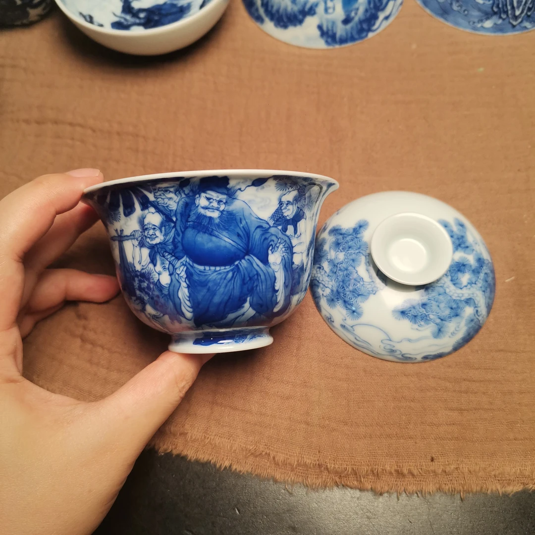 景德镇手绘钟馗巡山元宝盖碗