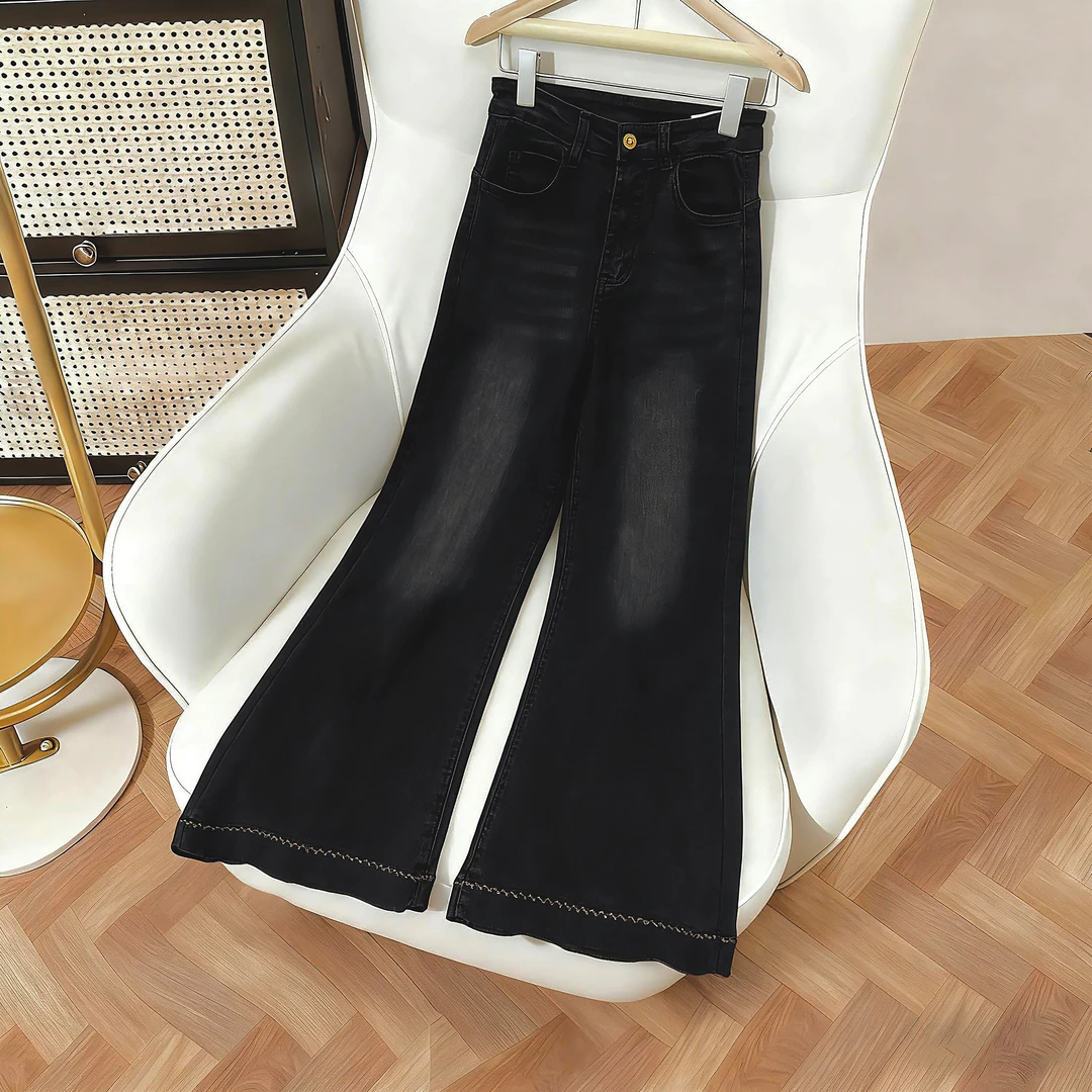 7614 Q黑灰色高腰微喇叭牛仔裤女秋季网红显瘦小个子直筒裤长