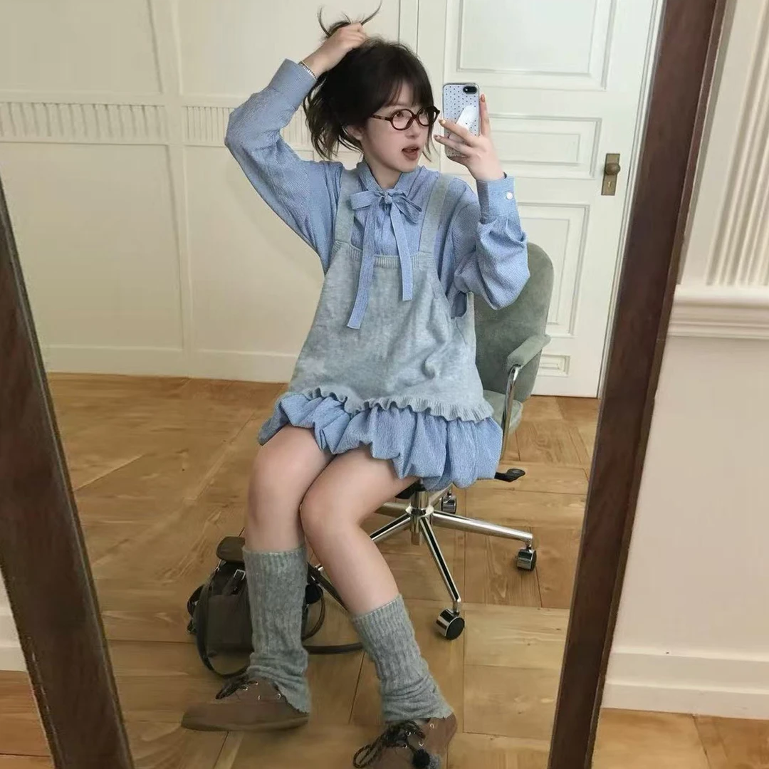 韩系蝴蝶结系带衬衫连衣裙子女2025新款秋冬一整套装花苞裙7842