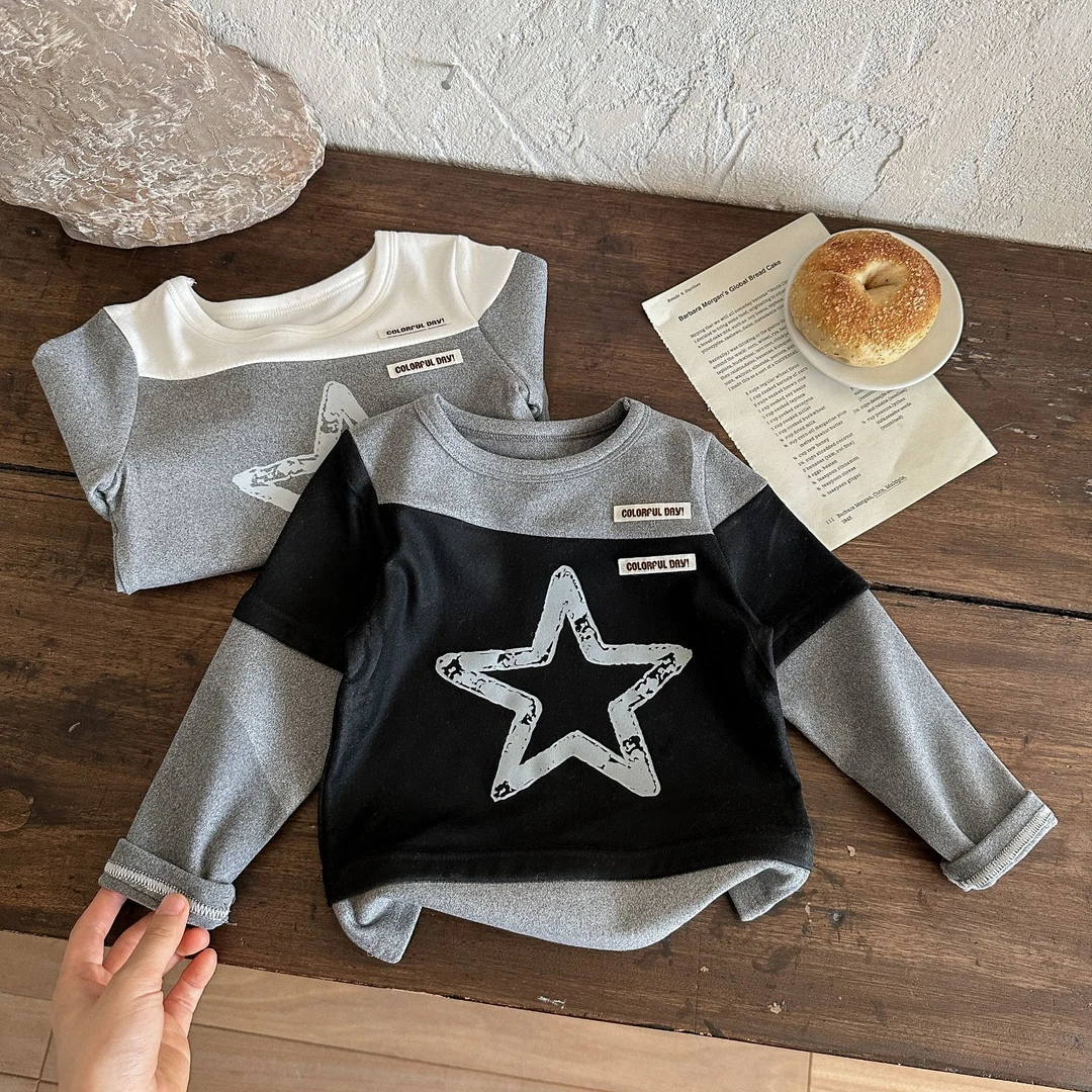 【甜酷风】复古美式星星印花儿童打底衫 夏季拼接假两件上衣