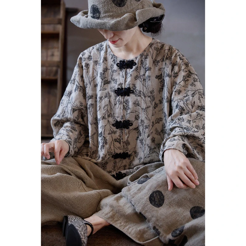 秋季新款文艺复古原创重榜墨绘花枝刺绣轻中式宽松轻薄时尚衬衫