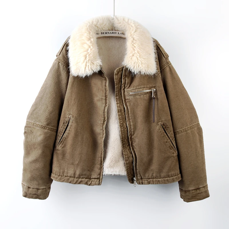 2025冬季新款毛领加绒加厚牛仔外套女宽松保暖小个子机车夹克上衣