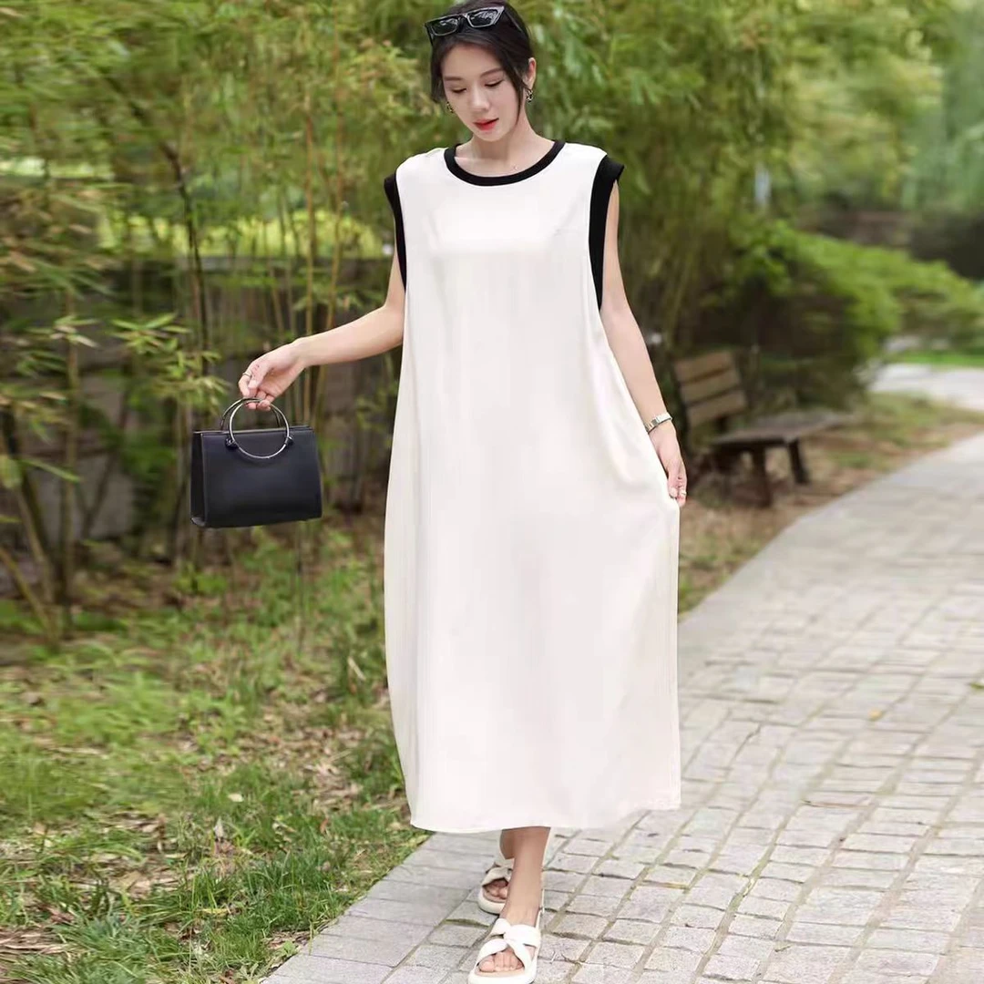 棉绸飞飞袖连衣裙女夏季宽松显瘦设计感撞色拼接人造棉a字长裙子