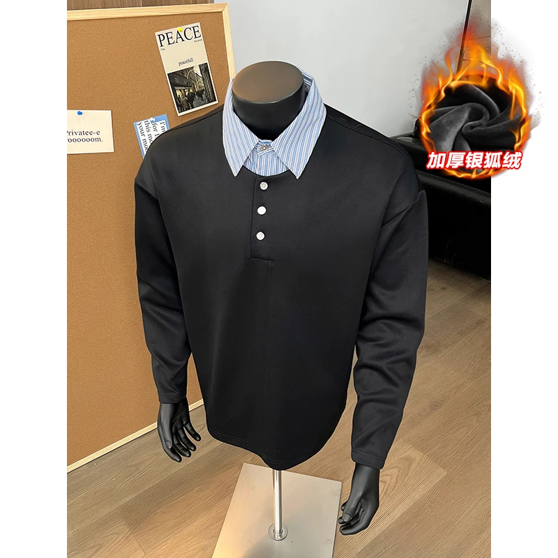 假两件拼接卫衣男秋冬季加绒保暖美式重磅潮牌宽松帅气学院风衣服