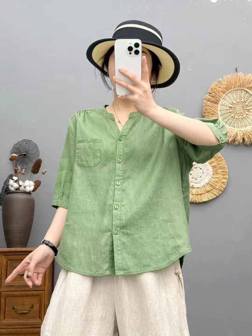6657极简风女装天然100%麻衬衫五分袖V领纯色上衣空调衫