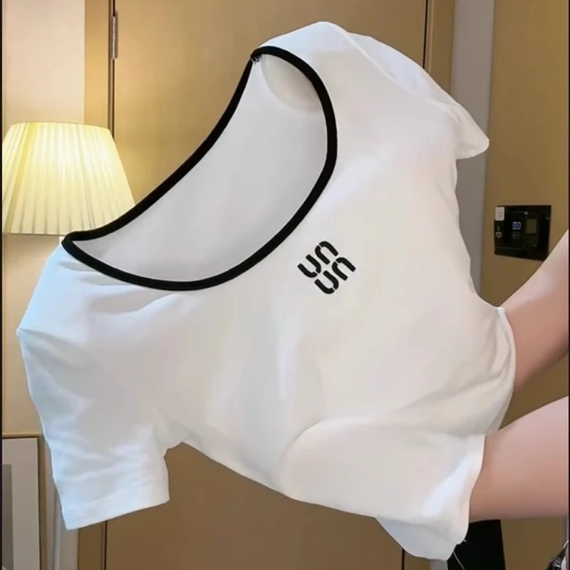 新潮设计感镂空方领短袖T恤2025夏季新款撞色拼接修身显瘦上衣女