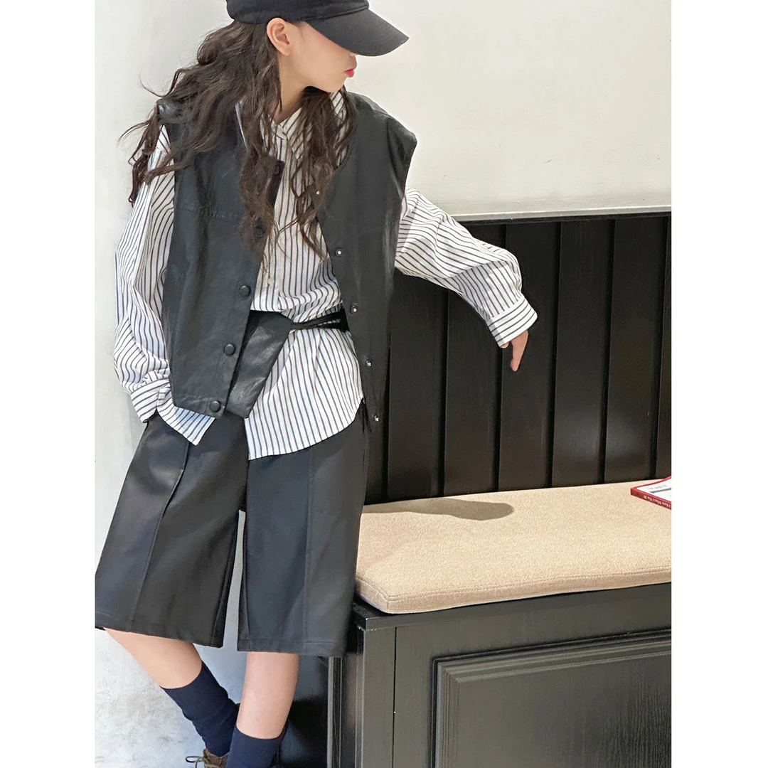 K29732孙小美美式复古女童衬衫套装2025新款秋装皮衣马甲两件套潮