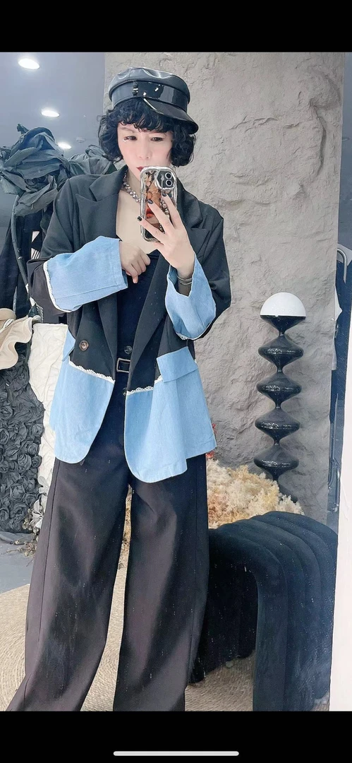 24-休闲一粒扣翻领网红气质单排扣撞色拼接西装拼色通勤