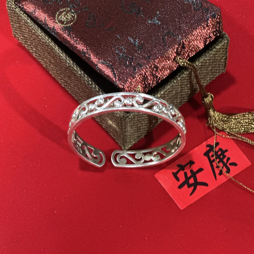 足银手镯 镂空雕花手环银制情侣精美足银手镯时尚国风复古镯子