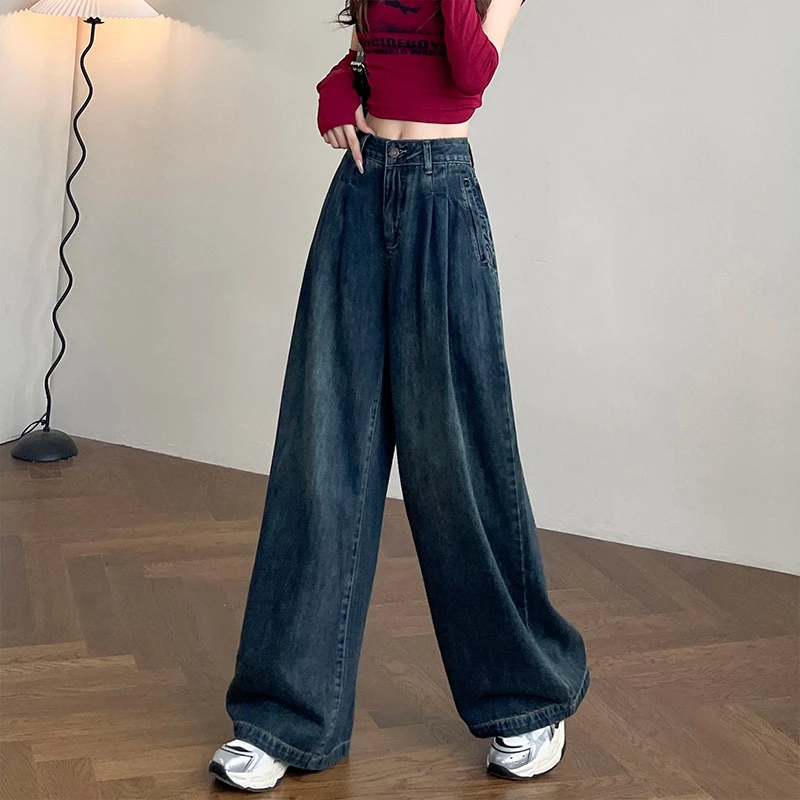 复古高腰阔腿牛仔裤女秋冬季显瘦宽松大码胖mm直筒拖地裤子-6890