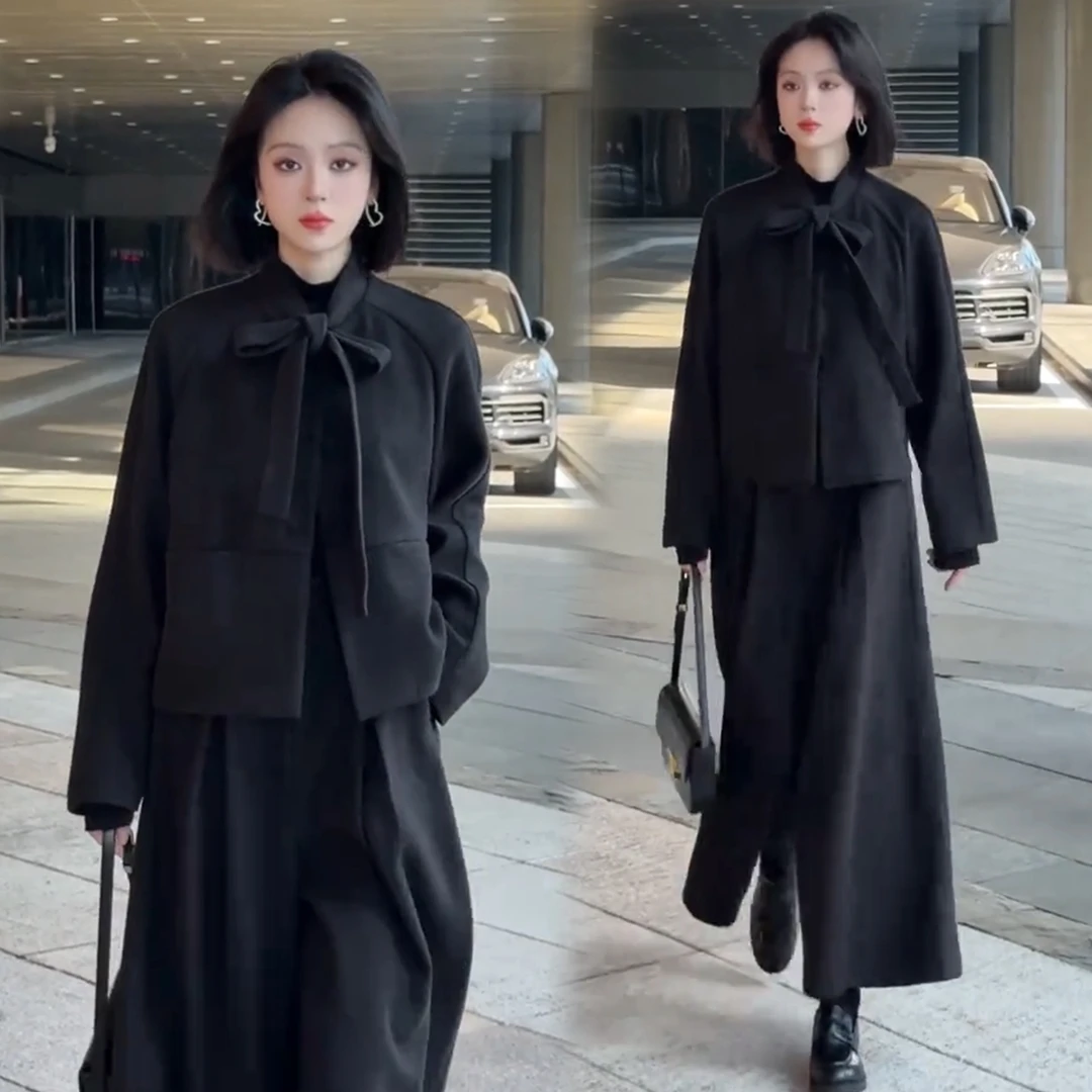 时尚套装女2025秋冬新款洋气显瘦蝴蝶结毛呢外套阔腿裤气质两件套