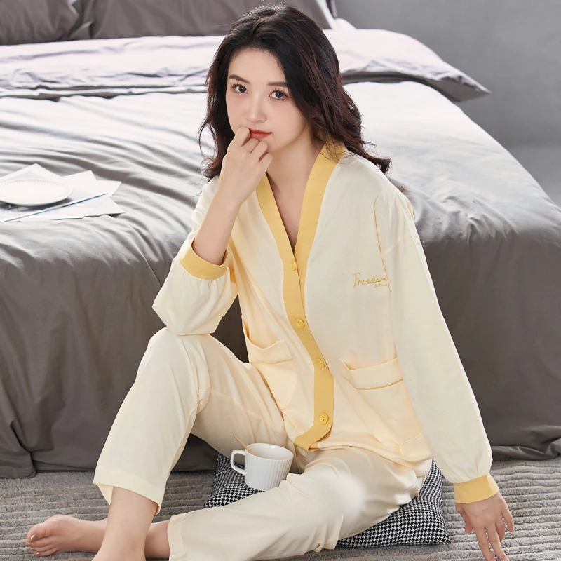 芬腾睡衣女春秋季纯棉长袖长裤V领开衫休闲薄款空调服家居服套装