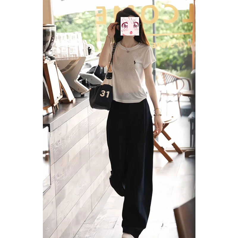 夏季显瘦气质御姐穿搭薄款圆领短袖T恤高腰显腿长韩版休闲裤套装