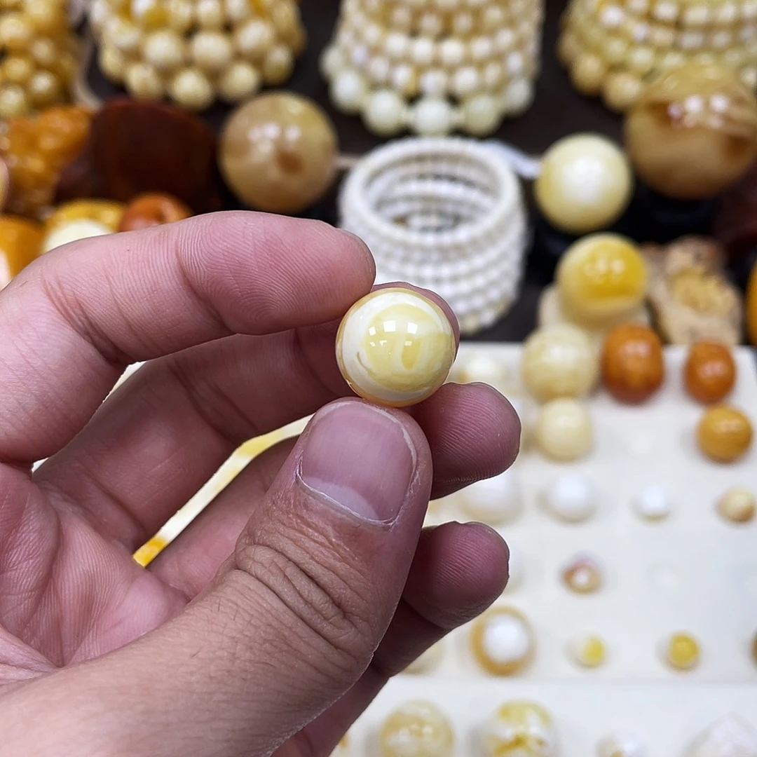 蜜蜡未镶嵌珠宝奇石14.6mm【氧化浓白花】打孔不予退货