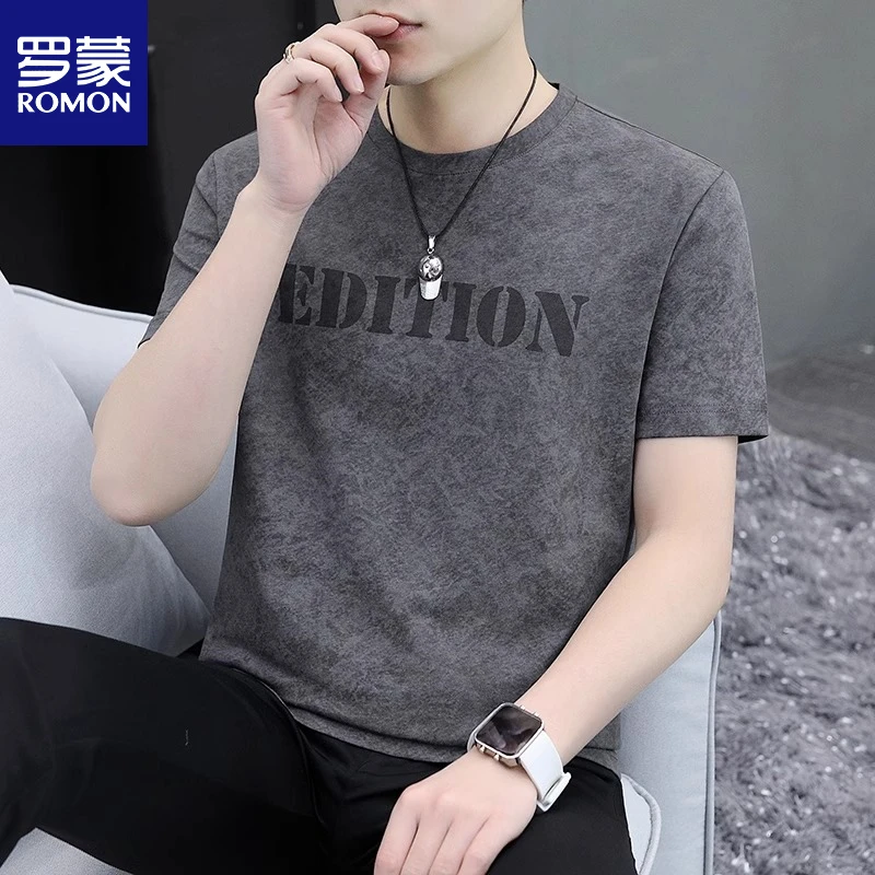 罗蒙男式短袖T恤夏季高端圆领上衣服复古休闲百搭半袖体恤衫宽松