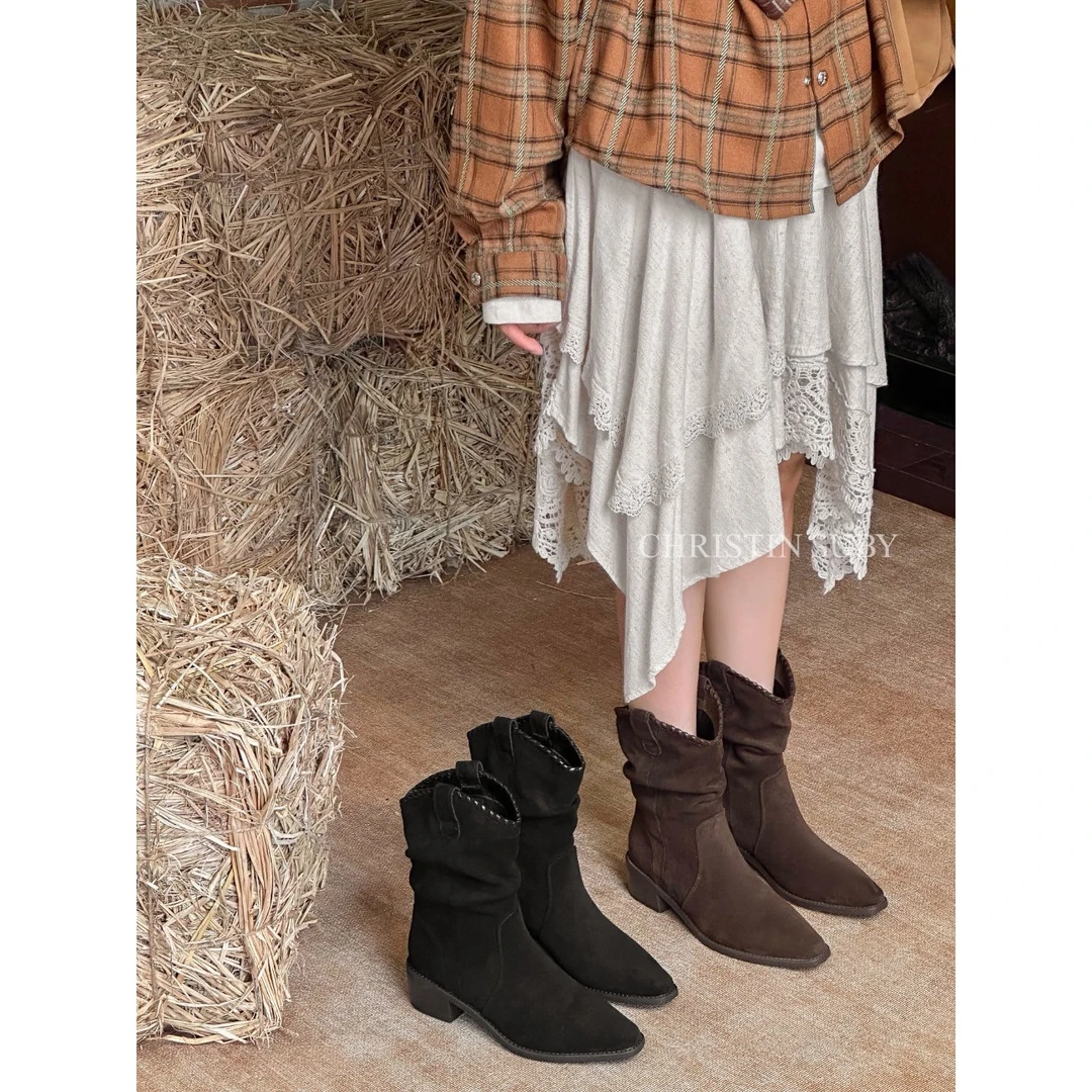 S55183271粗跟复古百搭褶皱堆堆靴